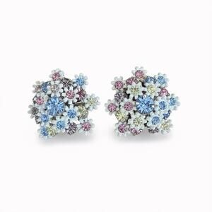 Vintage LERU White Daisy Floral Cluster Multicolor Rhinestone Clip On Earrings